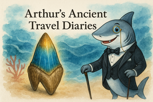 Arthur the Dapper Shark mascot with travel journal and shark teeth — symbolic fossil-hunting diary