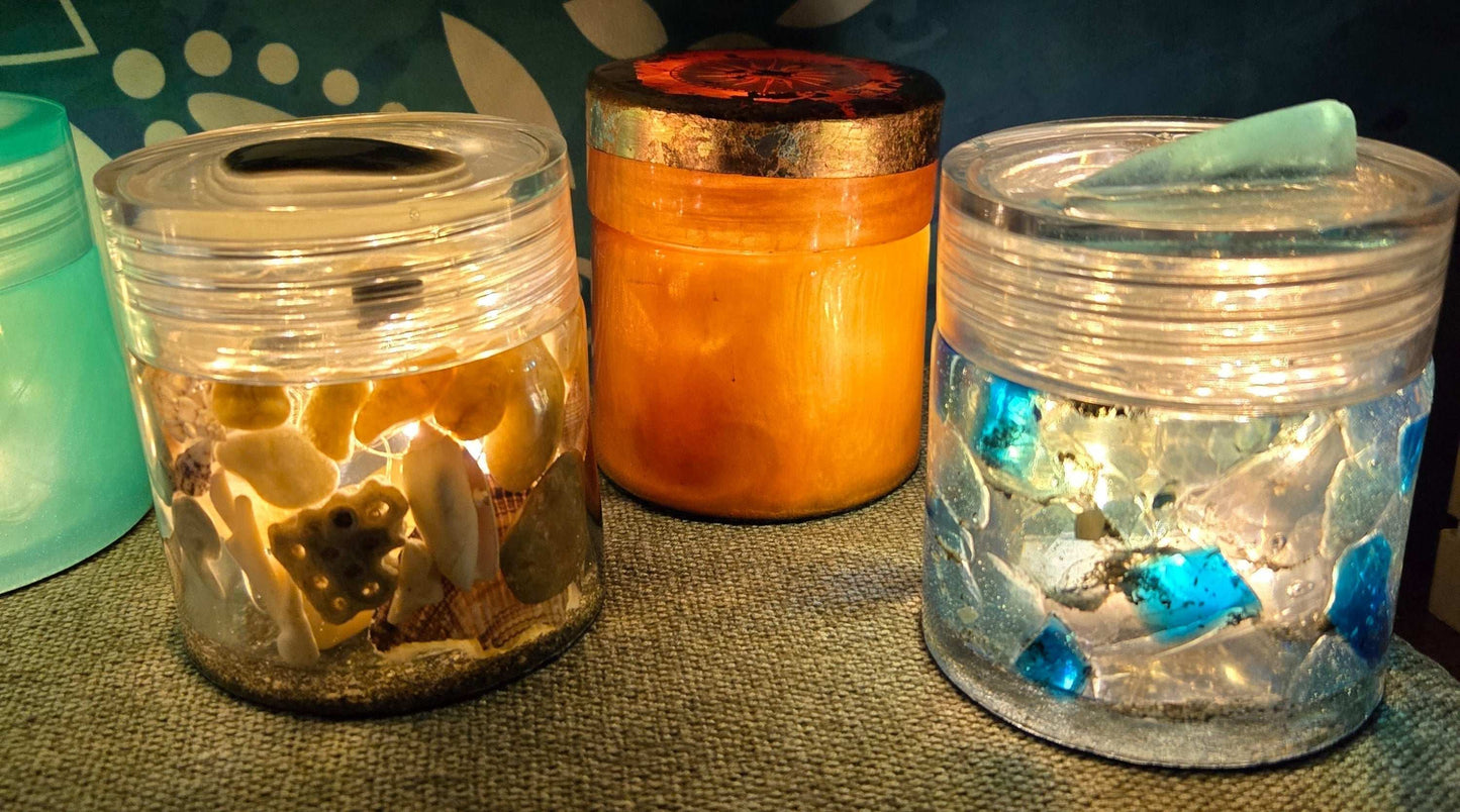 Warm Ambiance Duo Set Tan Resin Ashtray / Trinket Tray and Jar Fossil Art Creations