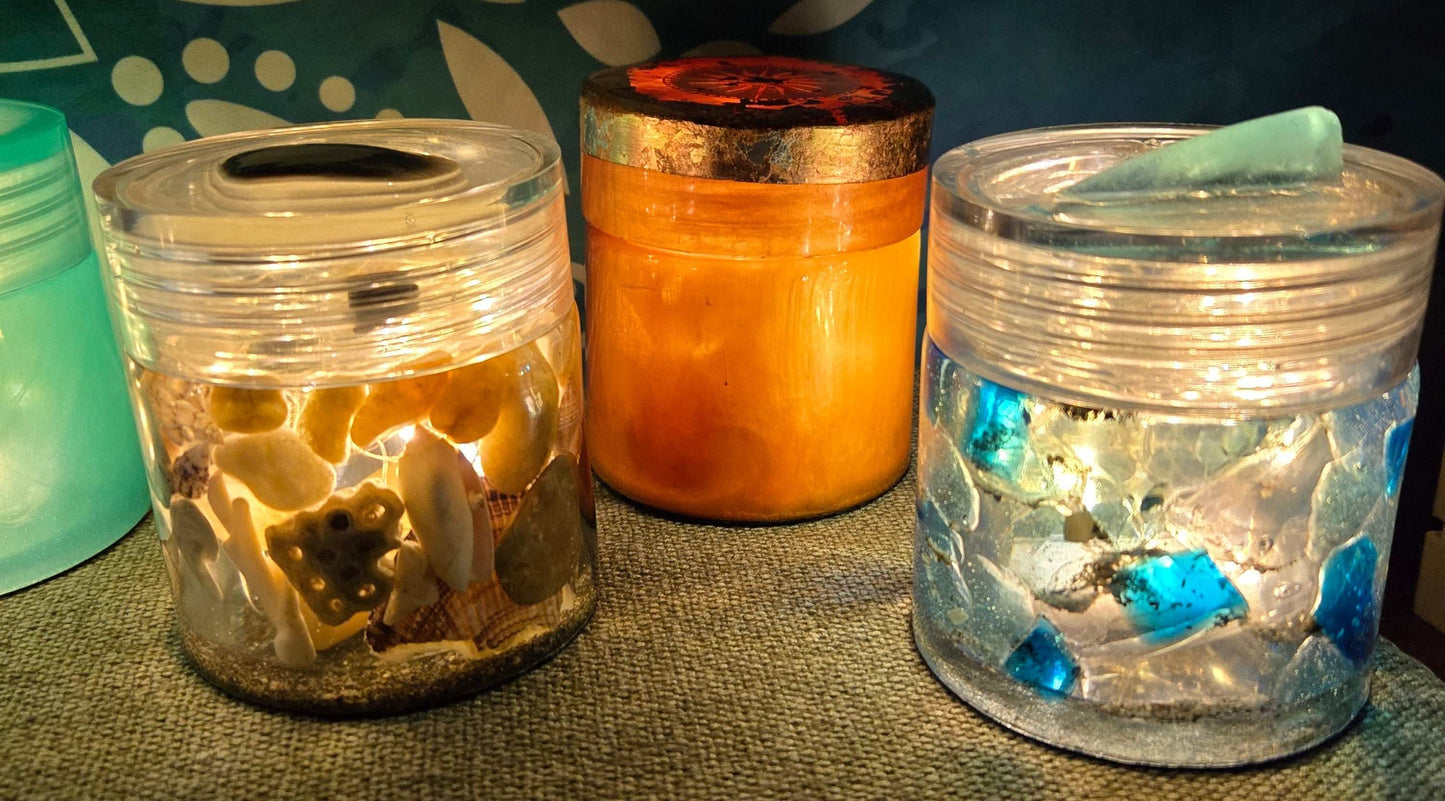 Blue Crushed Glass Jar and Ashtray/Trinkets Tray Fossil Art Creations