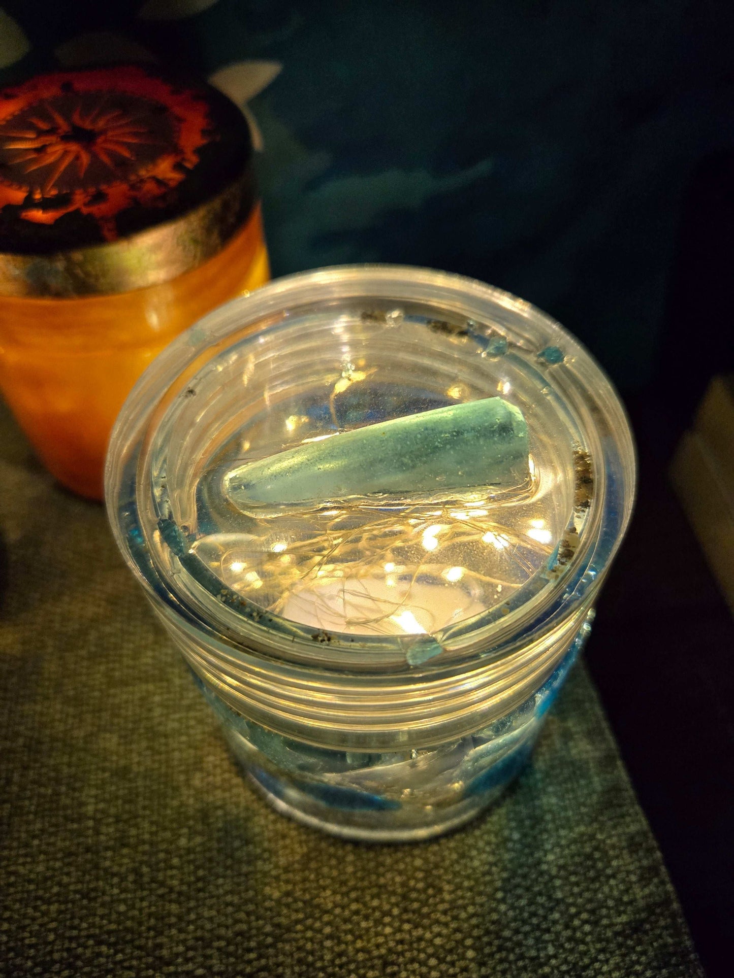 Blue Crushed Glass Jar and Ashtray/Trinkets Tray Fossil Art Creations