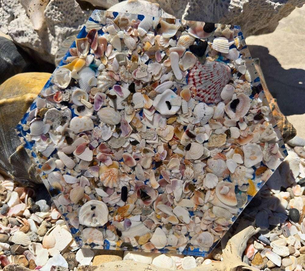 Resin tray with beach shells and sand backdrop, coastal décor