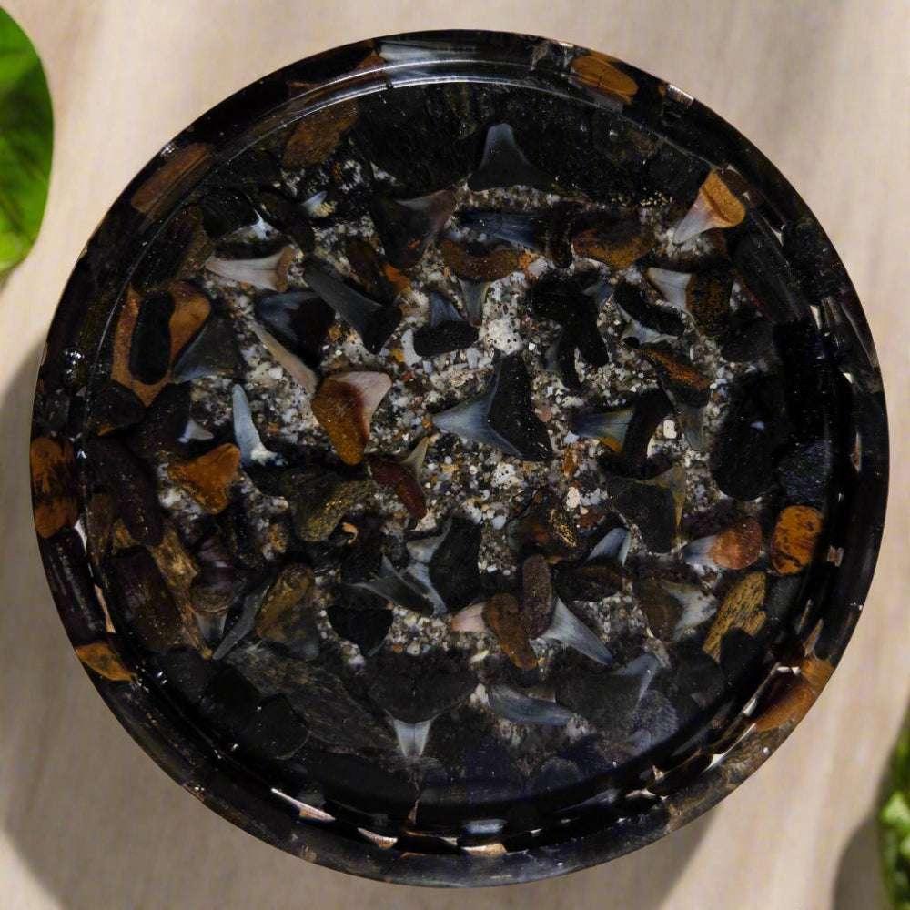 Resin coaster with prehistoric-themed fossil accents, coastal décor
