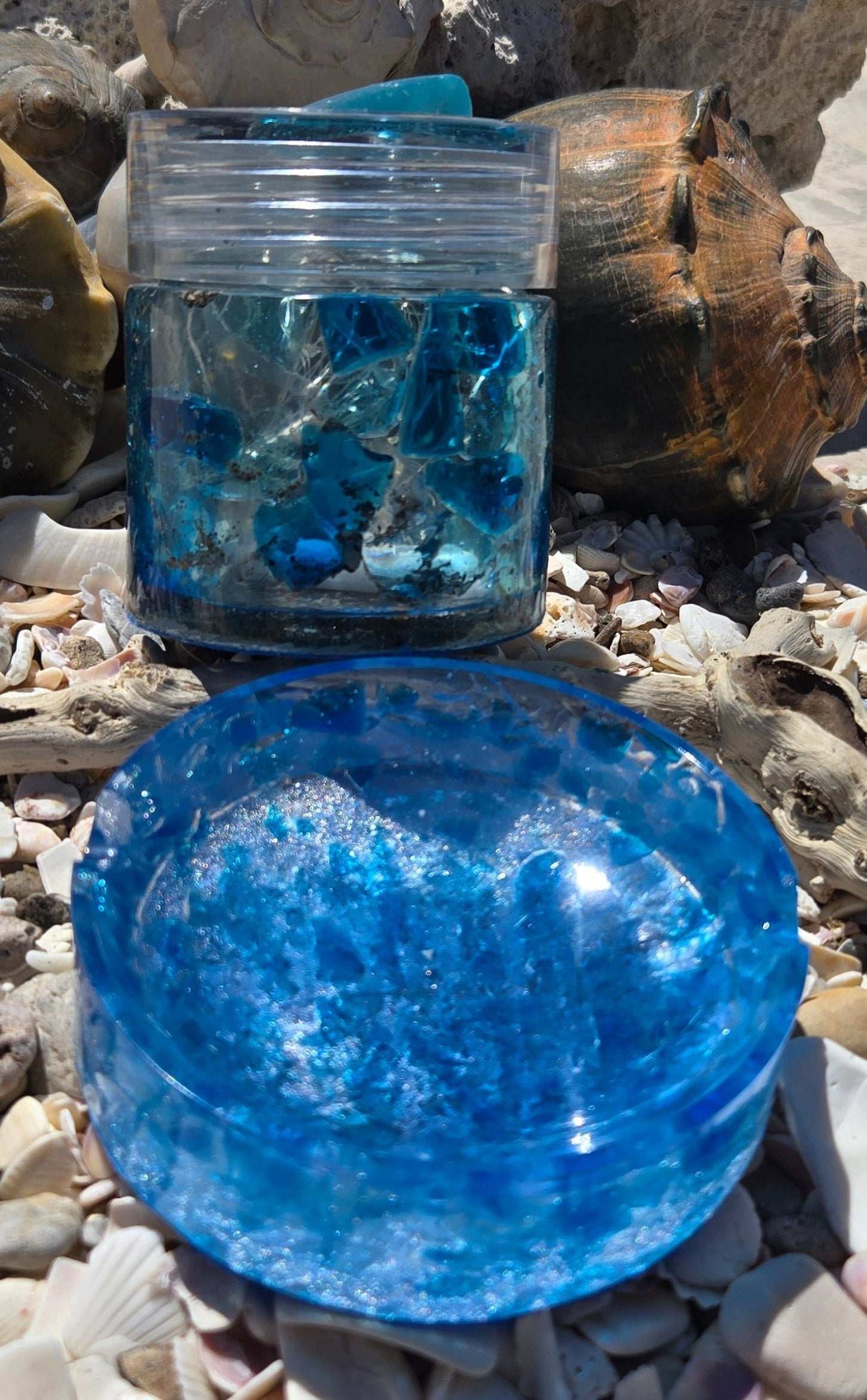 Blue Crushed Glass Jar and Ashtray/trinkets Fossil Art Creations