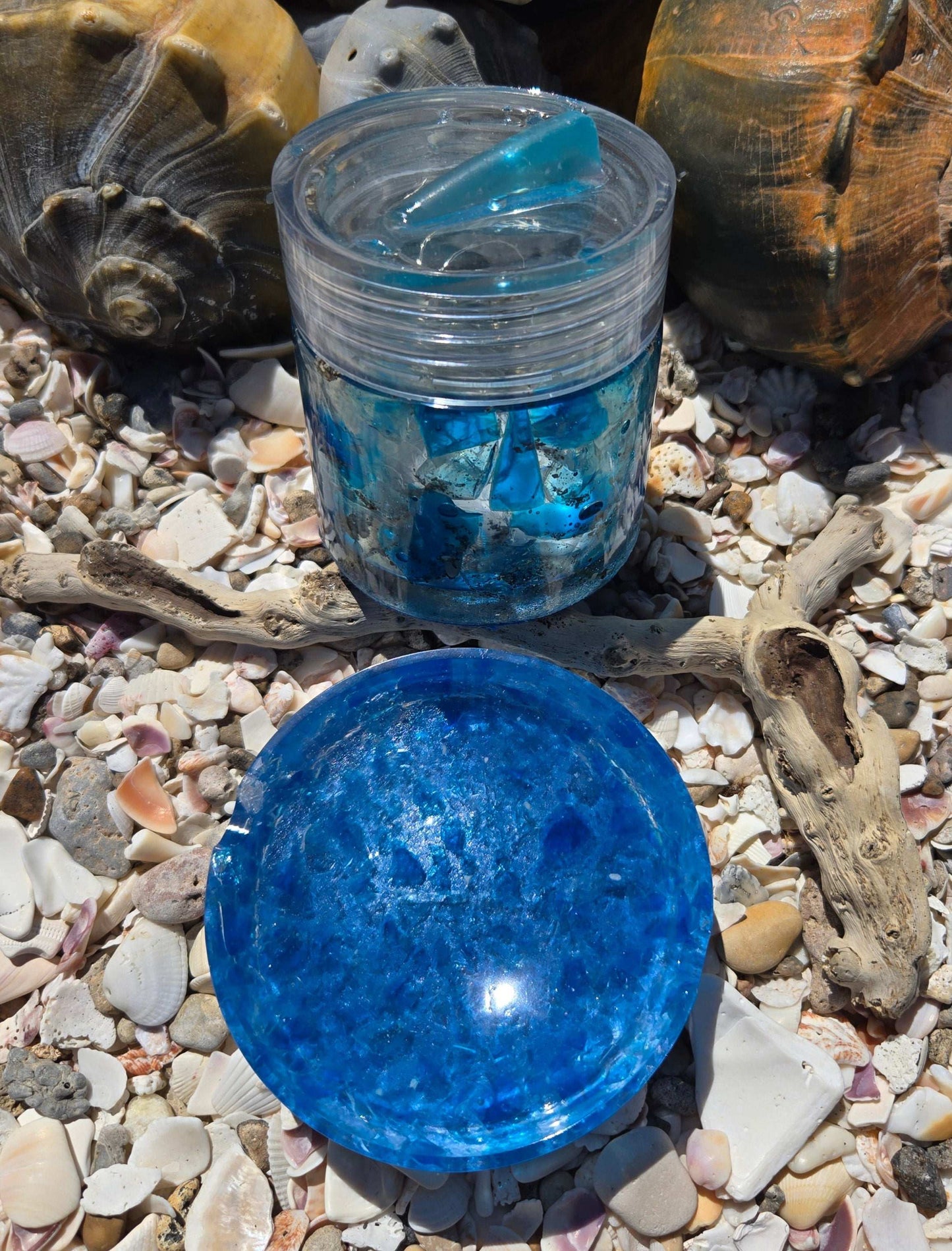 Blue Crushed Glass Jar and Ashtray/trinkets Fossil Art Creations