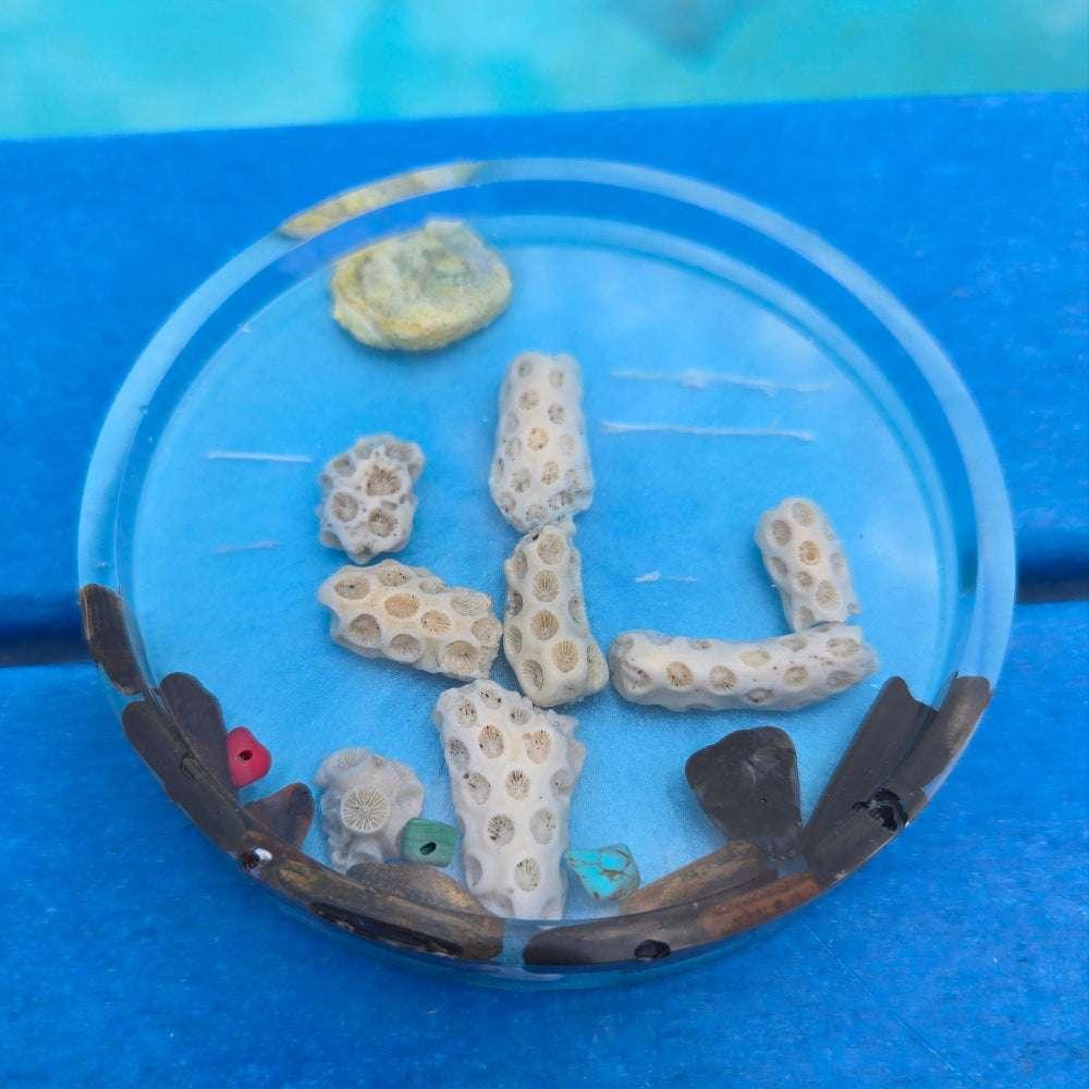 Resin coaster with earthy reef tones and embedded textures