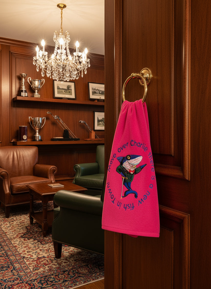 Microfiber golf towel with shark graphic and coastal theme