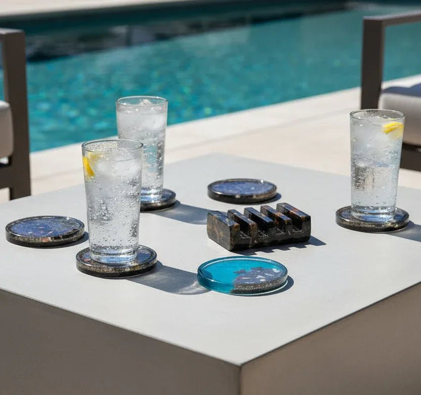 Handmade fossil resin coaster set, coastal drinkware with real ocean treasures, unique fossil-inspired home décor.