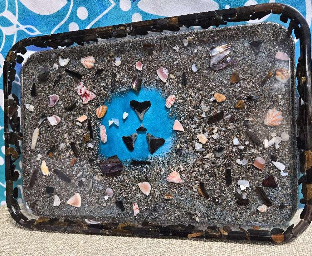Resin tray with shells and ocean pigments, coastal centerpiece