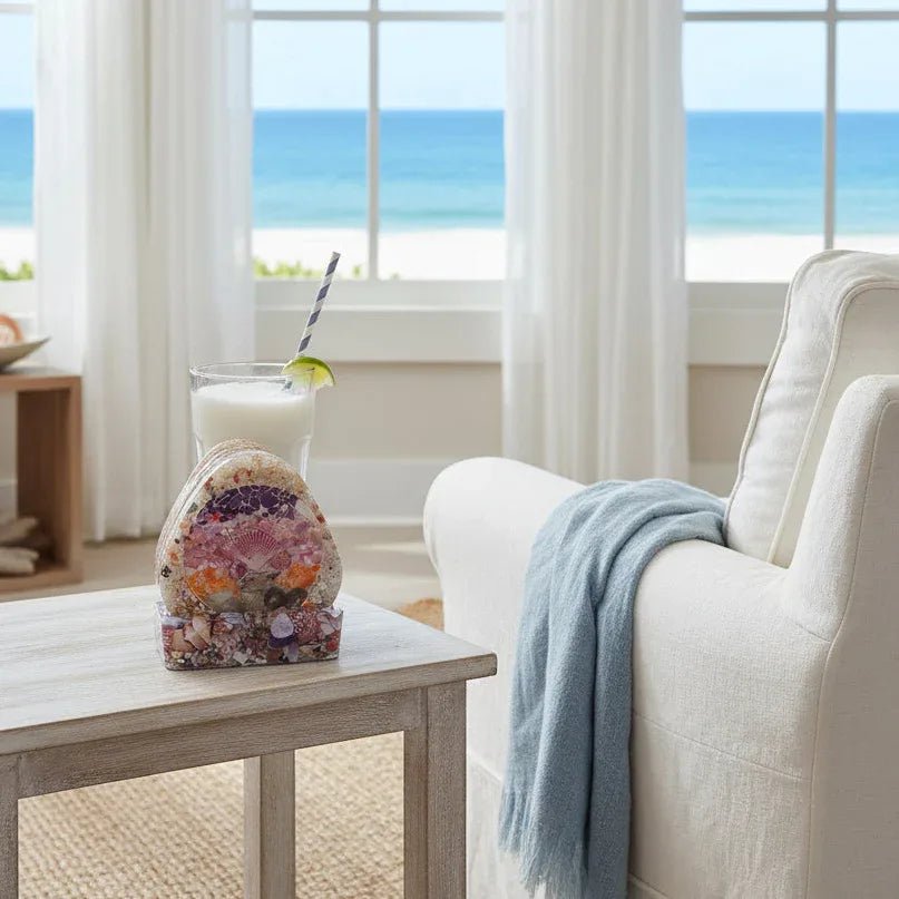 Set of resin coasters with seashell accents, coastal protection