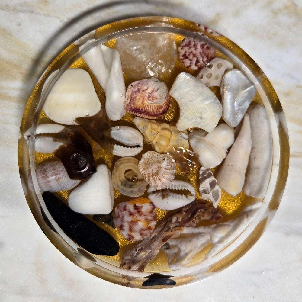 Resin coaster with shells and coastal treasures, handmade décor