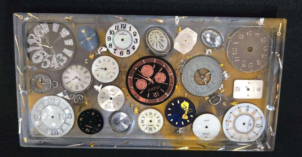Timeless Treasure Tray – repurposed watch faces in resin – dresser trinket tray