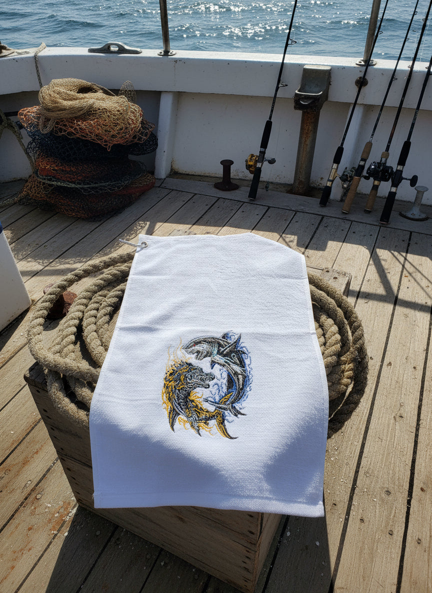 White towel with embroidered design of dolphins on a blue surface
