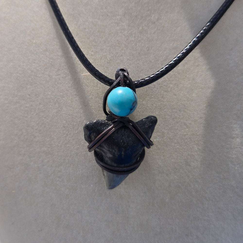 Ocean Guardian Necklace – fossil shark tooth with turquoise – ocean-inspired pendant