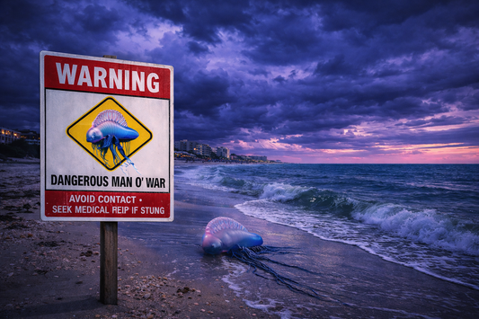 A Florida beach warning sign with ocean in the background A dramatic Gulf Coast shoreline with ominous blue/purple tones hinting at danger