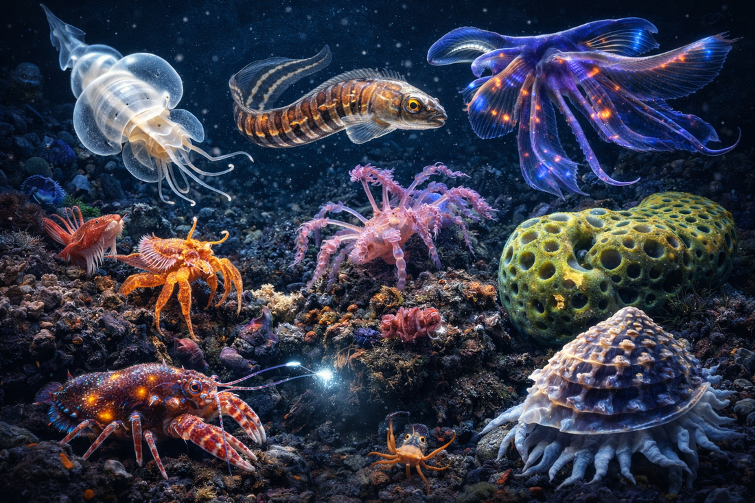 Bioluminescent sea creatures in their depths