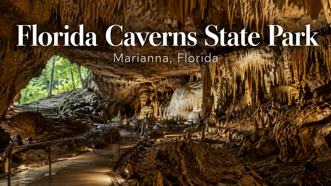 Interior of Florida Caverns State Park cave in Marianna Florida with limestone formations and title text.