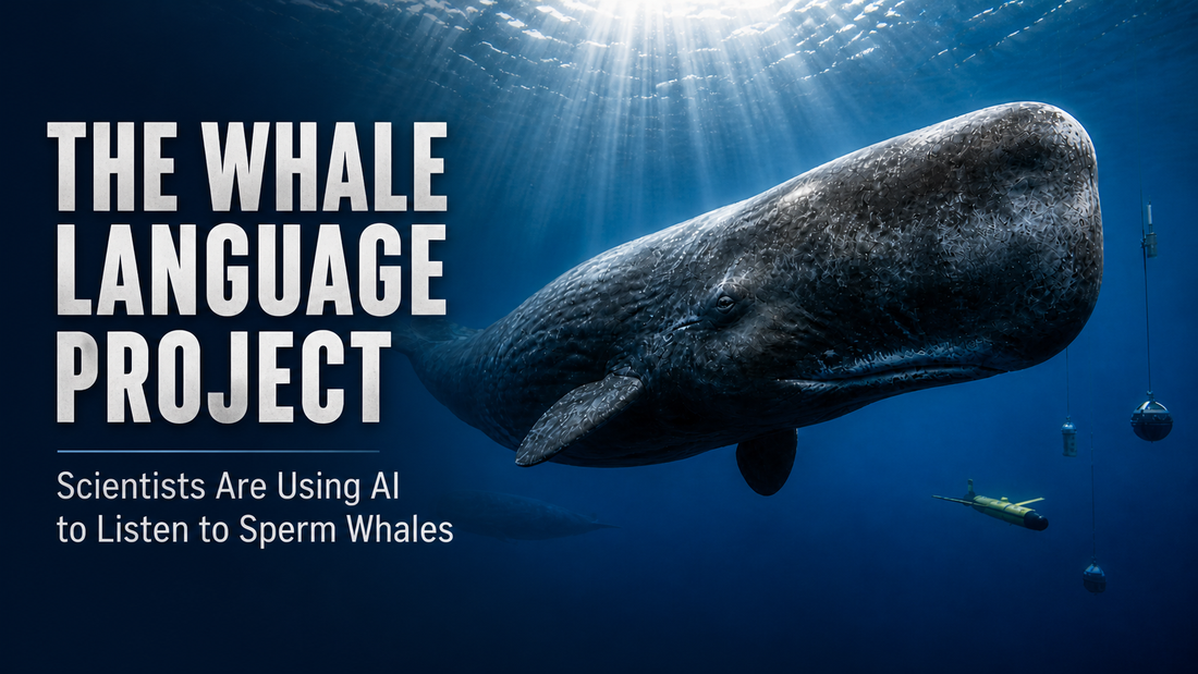 Massive sperm whale in deep blue water with light rays above.