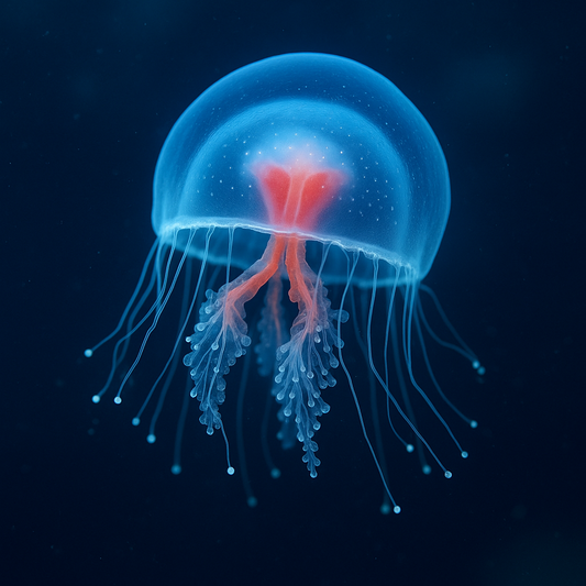 Immortal jellyfish Turritopsis dohrnii glowing softly in ocean water