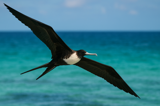 Magnificent frigatebird soaring over tropical ocean with wings outstretched