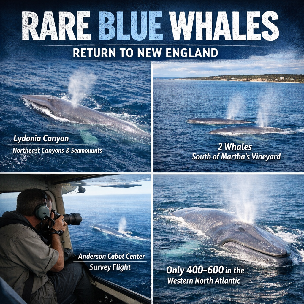 Rare blue whale sighting in New England waters - aerial view