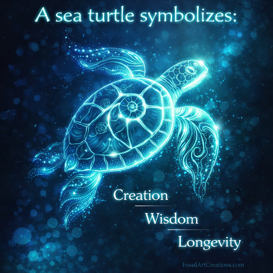 Glowing blue sea turtle illustration with text “A sea turtle symbolizes: Creation, Wisdom, Longevity” and fossil spiral shell details.