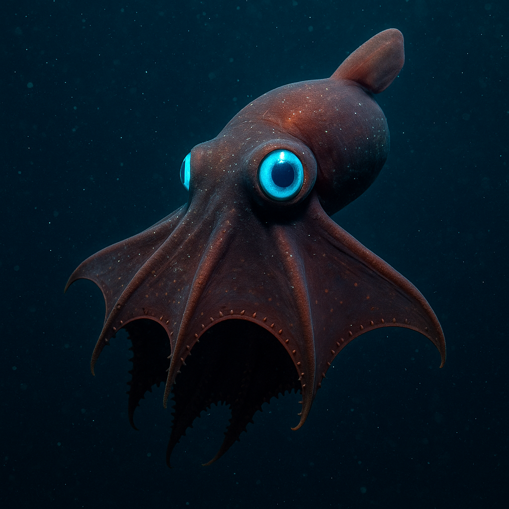 Vampire squid drifting in the deep sea with cloak-like webbing and large glowing eyes