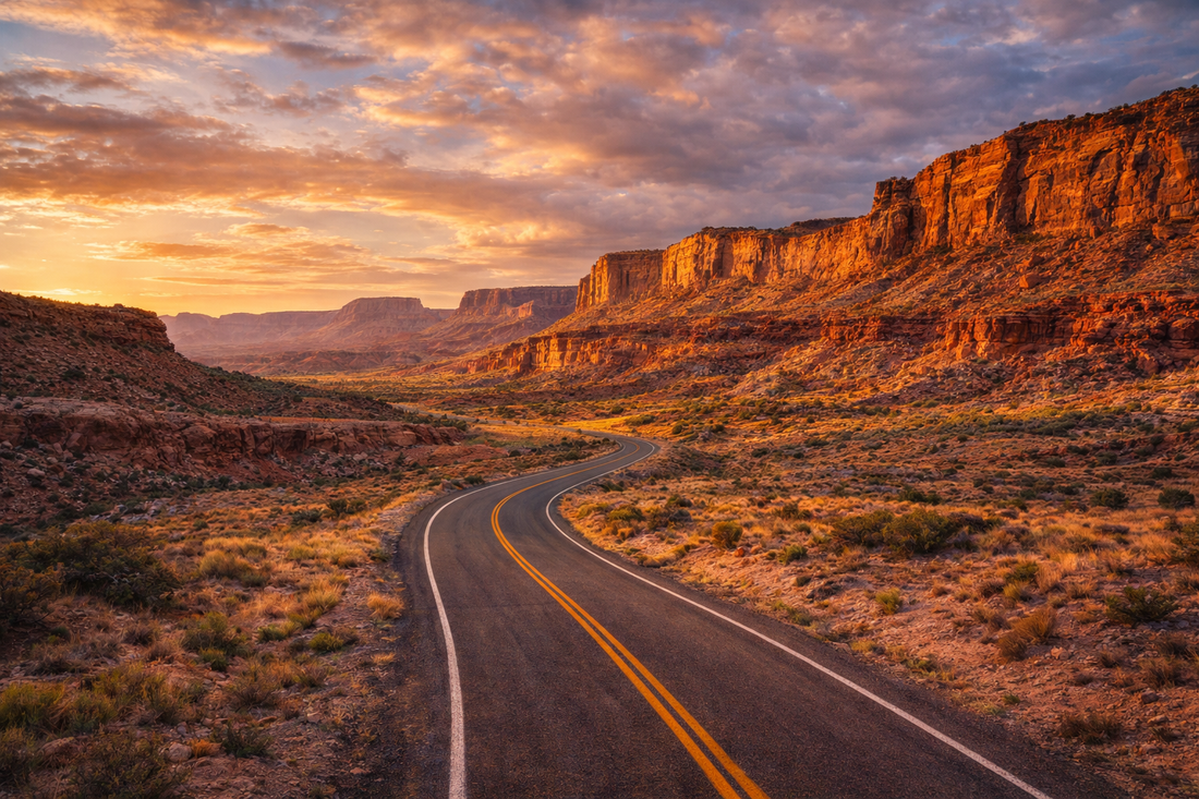 Winding road through Utah's desert cliffs