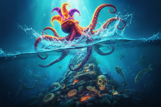 a mischievous octopus bursting from the ocean with bioluminescent glow, electric teals, cinematic drama, and fossils in the rocks.