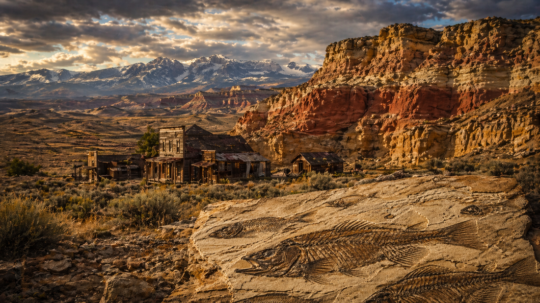 Wyoming landscape blending fossils, mountains, ghost town buildings, and deep geologic layers into one cinematic western composition.