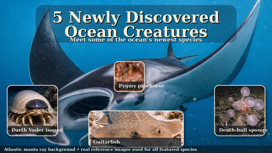 Dramatic deep-sea scene featuring newly discovered ocean creatures including a manta ray and bioluminescent marine life