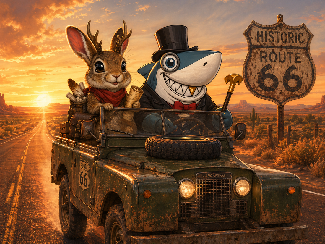 Arthur and Scout in a land rover