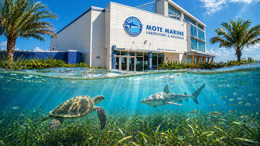 Mote Marine Laboratory exterior blended with Florida marine life including a shark, sea turtle, seagrass, and reef fish
