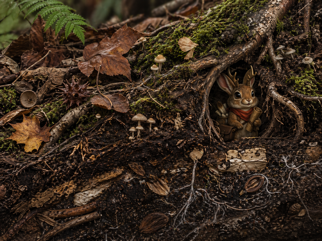 Close-up of forest floor layers with soil, roots, fungi, and leaf litter in an ancient woodland.
