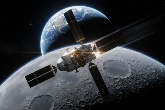 NASA Orion spacecraft flying past the Moon during the Artemis II mission