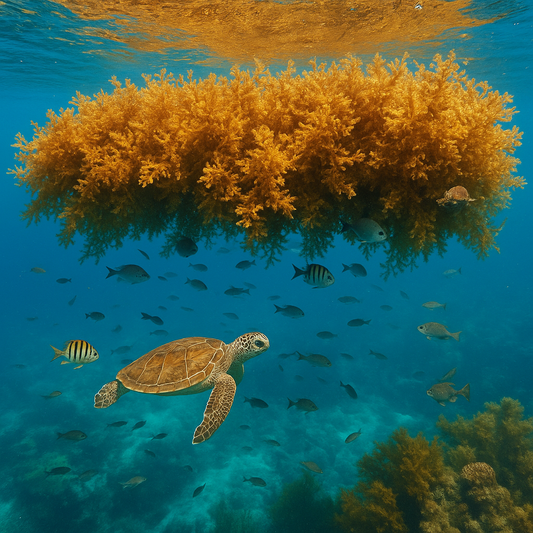 Sargassum mat floating offshore, a golden nursery habitat for fish, crabs, and young sea turtles