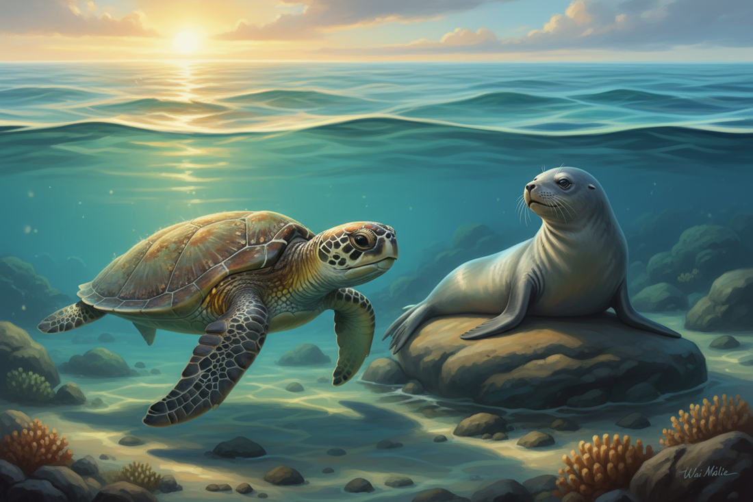 Ancient green sea turtle and monk seal resting together in sacred Hawaiian bay at dawn - The Ancient One and The Keeper of Still Waters ocean parable