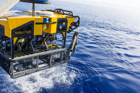 ROV lights scanning under Antarctic sea ice during deep-sea survey.