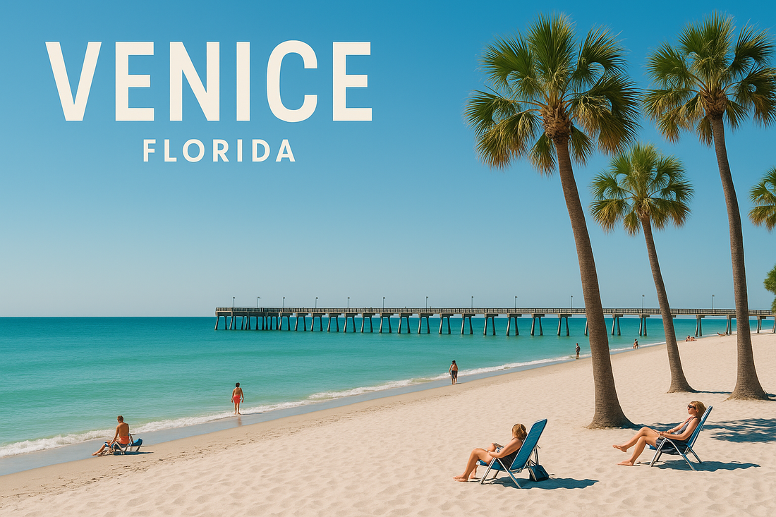 Venice Beach, Florida coastline with white sand and clear blue waters
