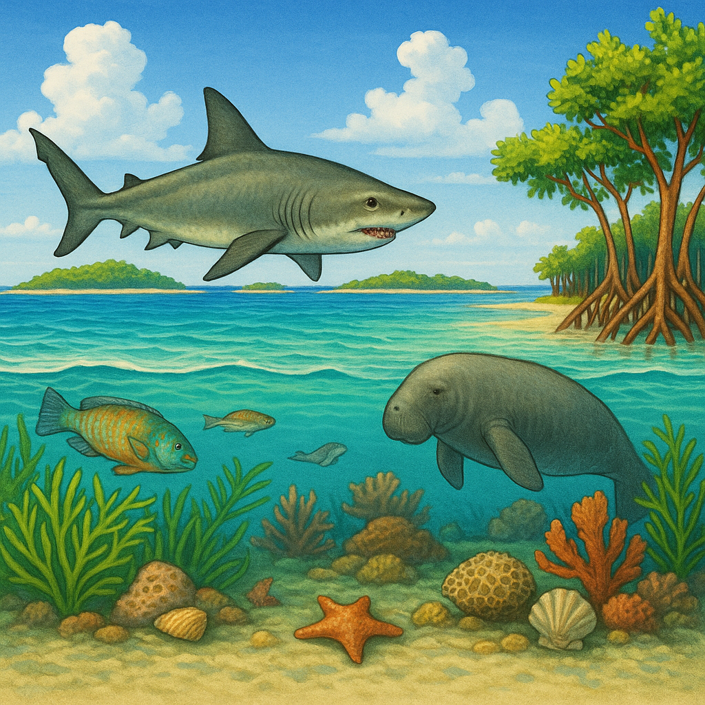 “Little Beachcombers Club — ocean animals (dolphin, seahorse, coral, ammonite) on a sandy seabed.”