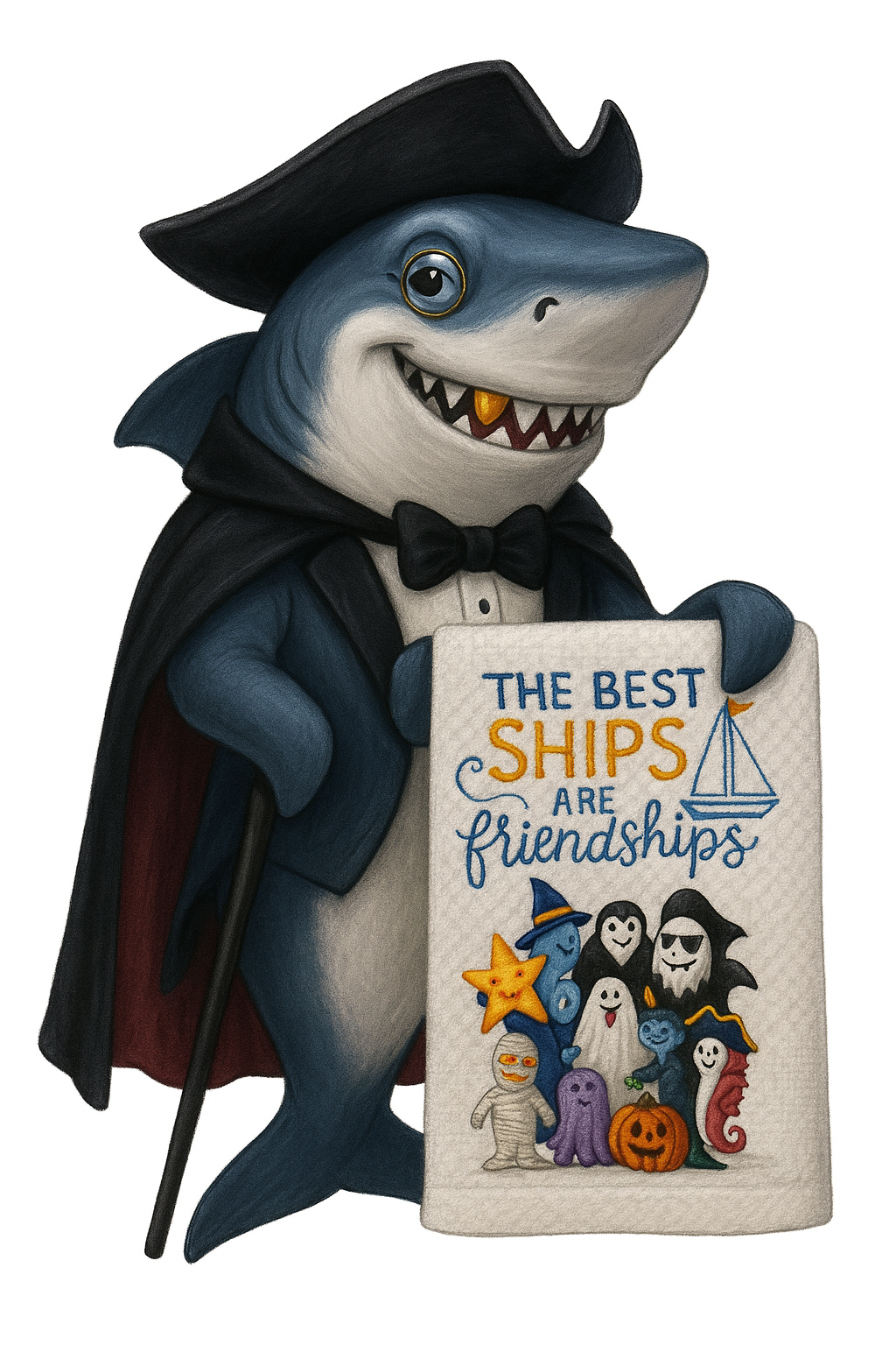 Arthur the shark mascot holding a waffle-weave embroidered towel; Fossil Art Creations towel collection cover