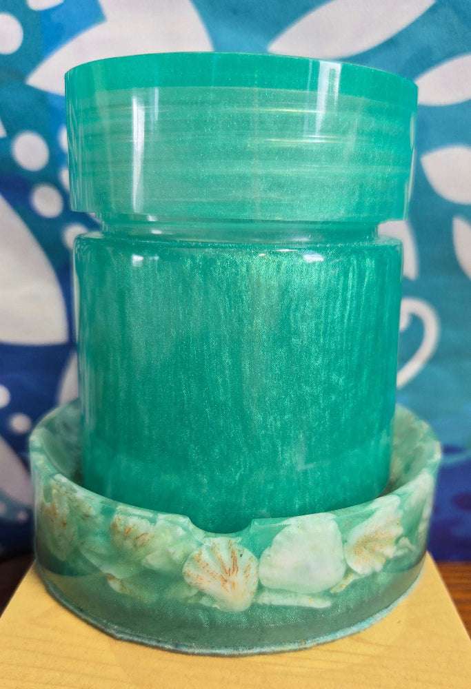 Handmade resin jar + single coaster gift sets—ocean-wave resin with real fossils and shells. Ready-to-gift coastal décor with unique details.
