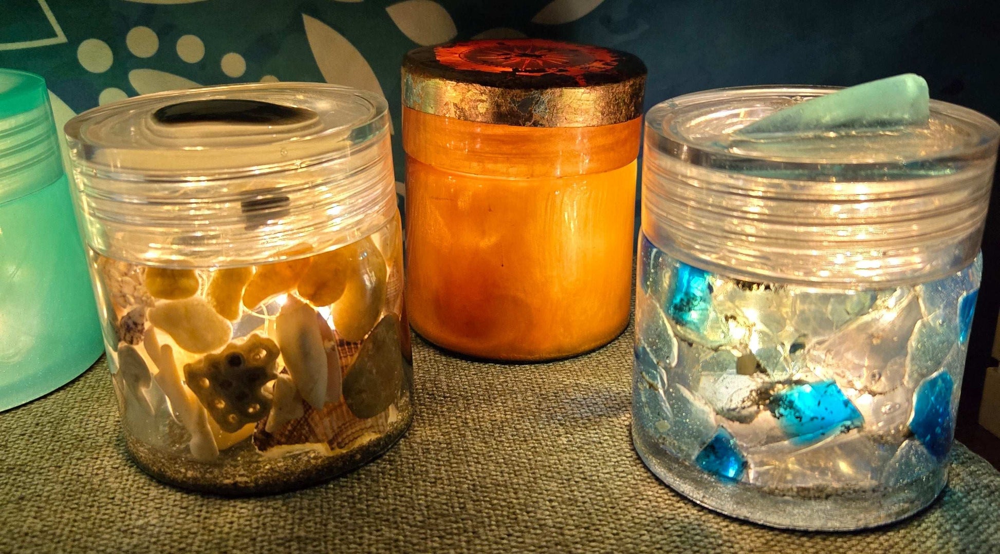 Blue Crushed Glass Jar and Ashtray/Trinkets Tray Fossil Art Creations