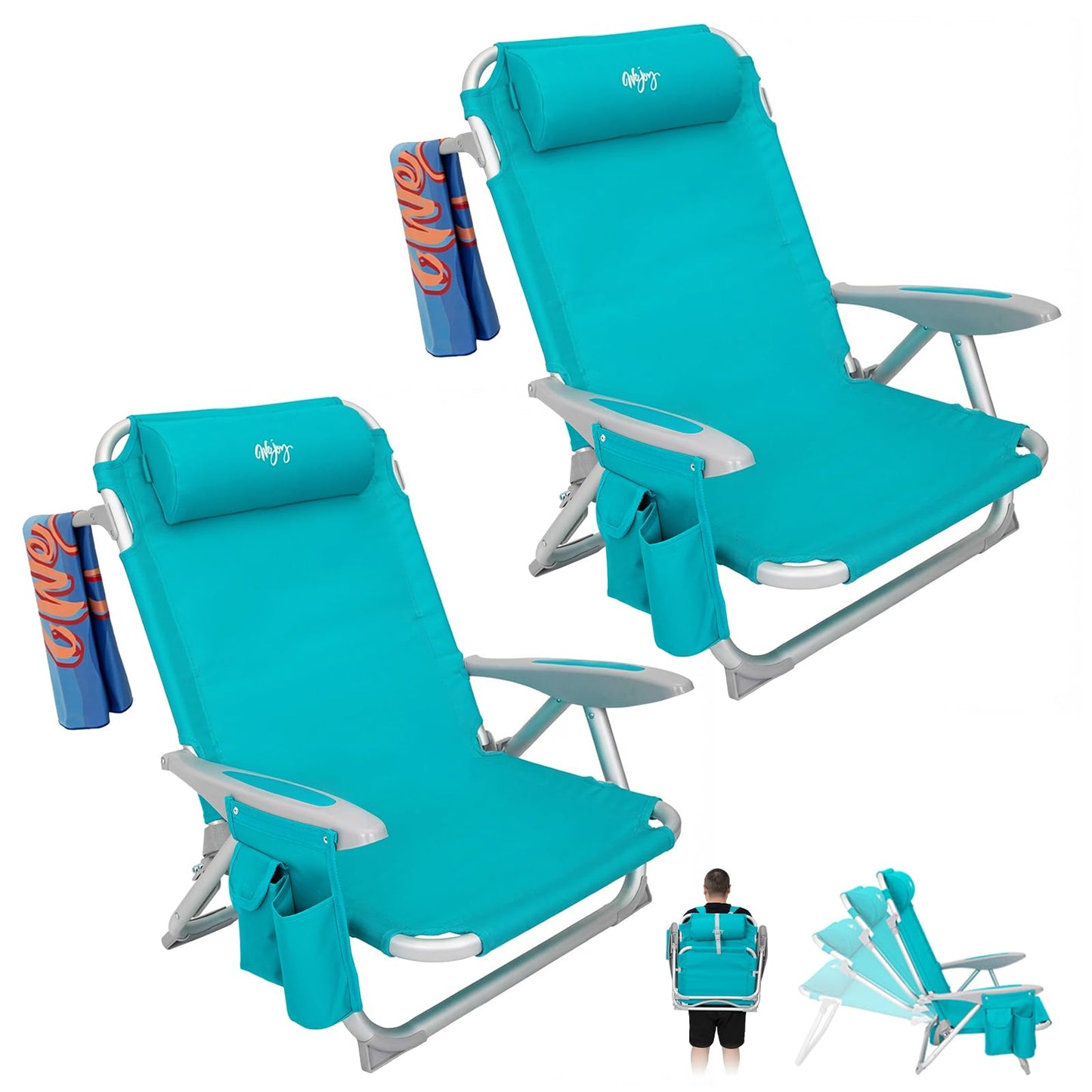 #WEJOY Beach Chair for Adults, Reclining Adjustable Position, Lay Flat Lightweight Folding Portable Aluminum Chair with Backpack Straps,Padded headrest, Heavy Duty 400 lbs Lawn Chair for Beach, Sand