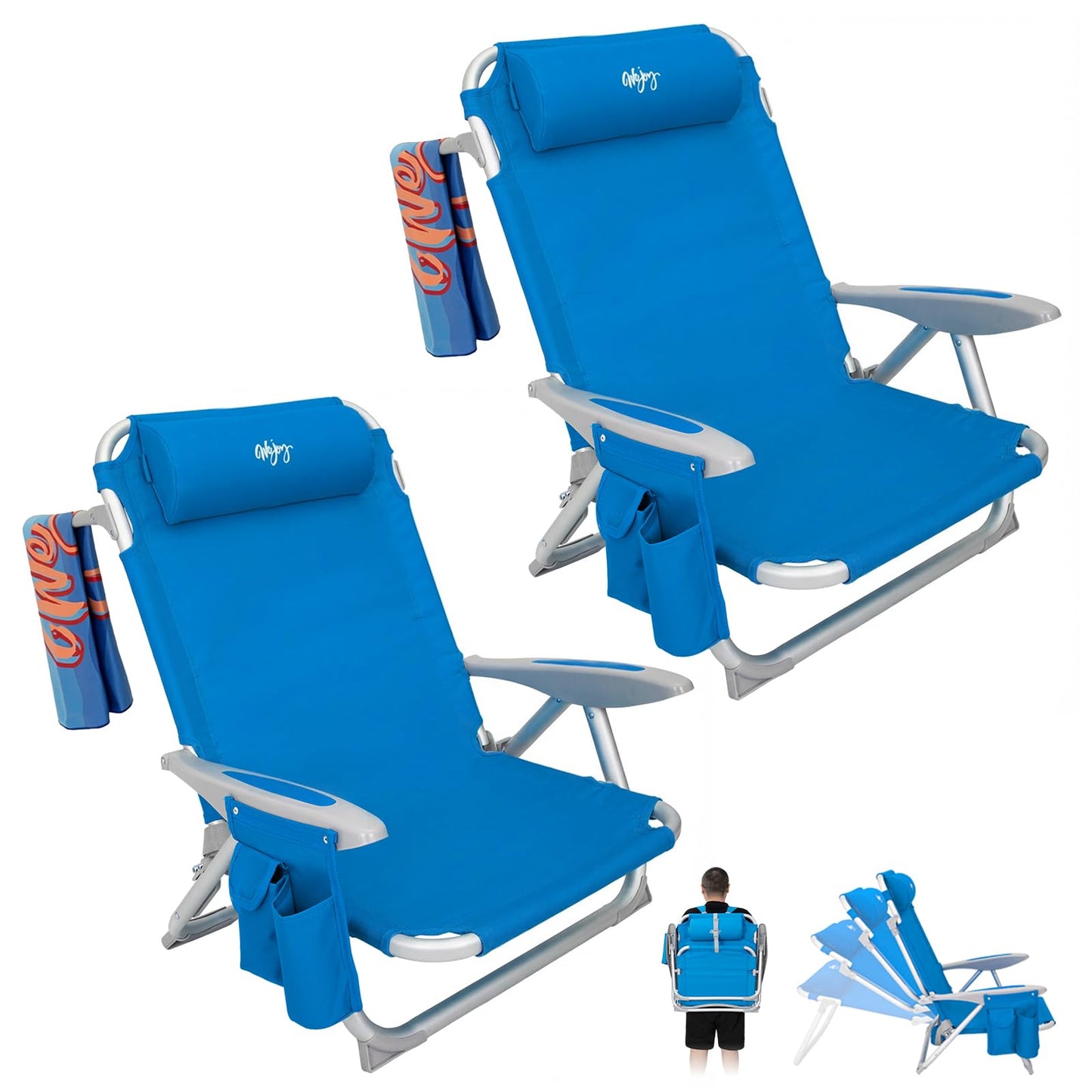 #WEJOY Beach Chair for Adults, Reclining Adjustable Position, Lay Flat Lightweight Folding Portable Aluminum Chair with Backpack Straps,Padded headrest, Heavy Duty 400 lbs Lawn Chair for Beach, Sand