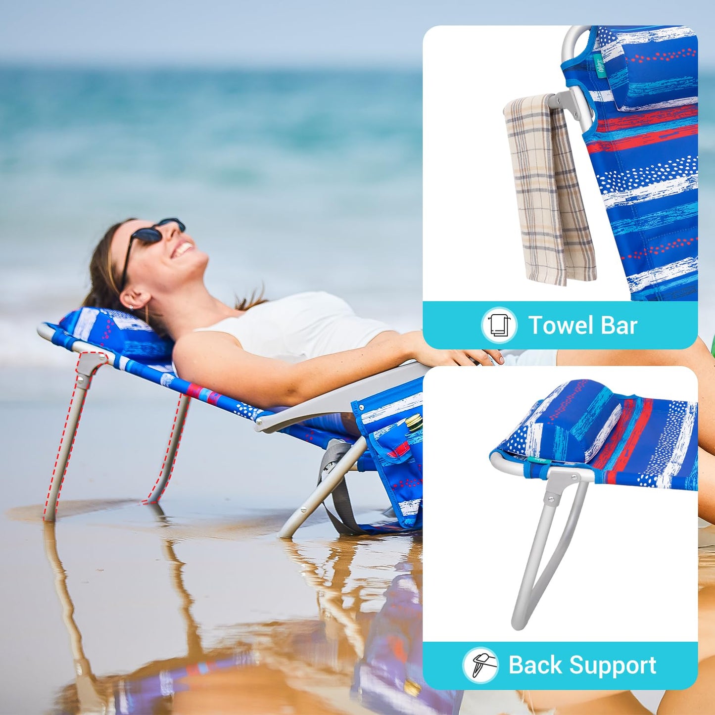 #WEJOY Beach Chair for Adults, Reclining Adjustable Position, Lay Flat Lightweight Folding Portable Aluminum Chair with Backpack Straps,Padded headrest, Heavy Duty 400 lbs Lawn Chair for Beach, Sand