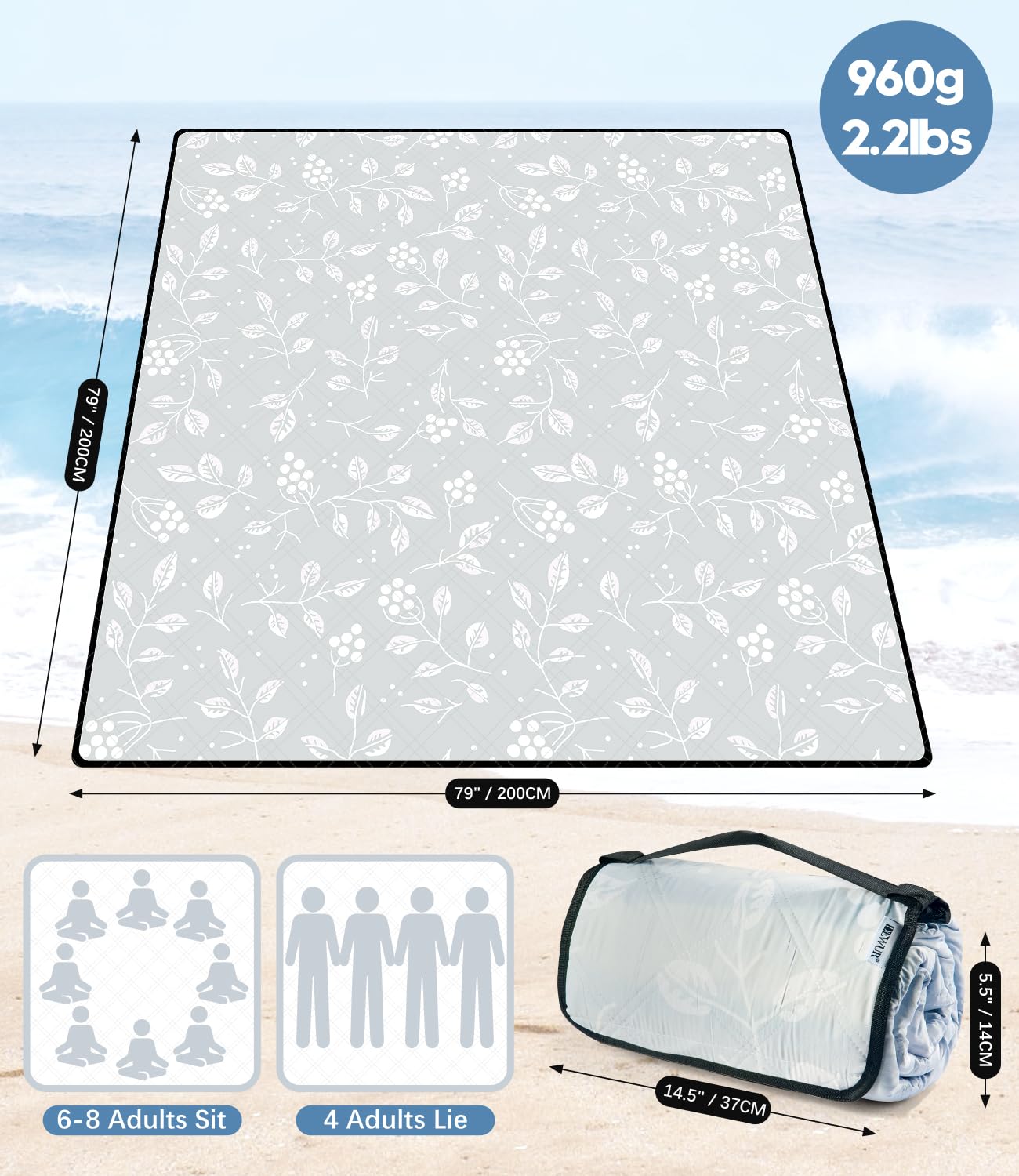 Picnic Blankets 79"x79" Extra Large Outdoor Blanket Beach Blanket Waterproof SandProof Picnic Mat Washable Foldable Portable for Grass Lawn Beach Camping (White with Flowers)