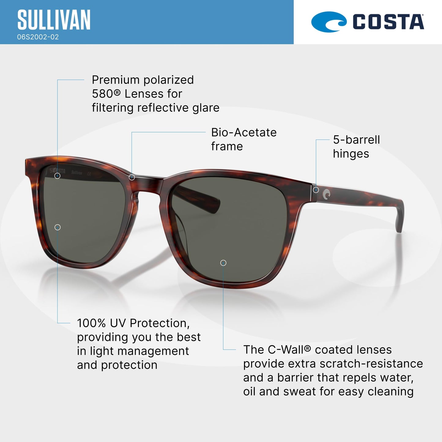 Costa Del Mar Mens Sullivan Square Sunglasses