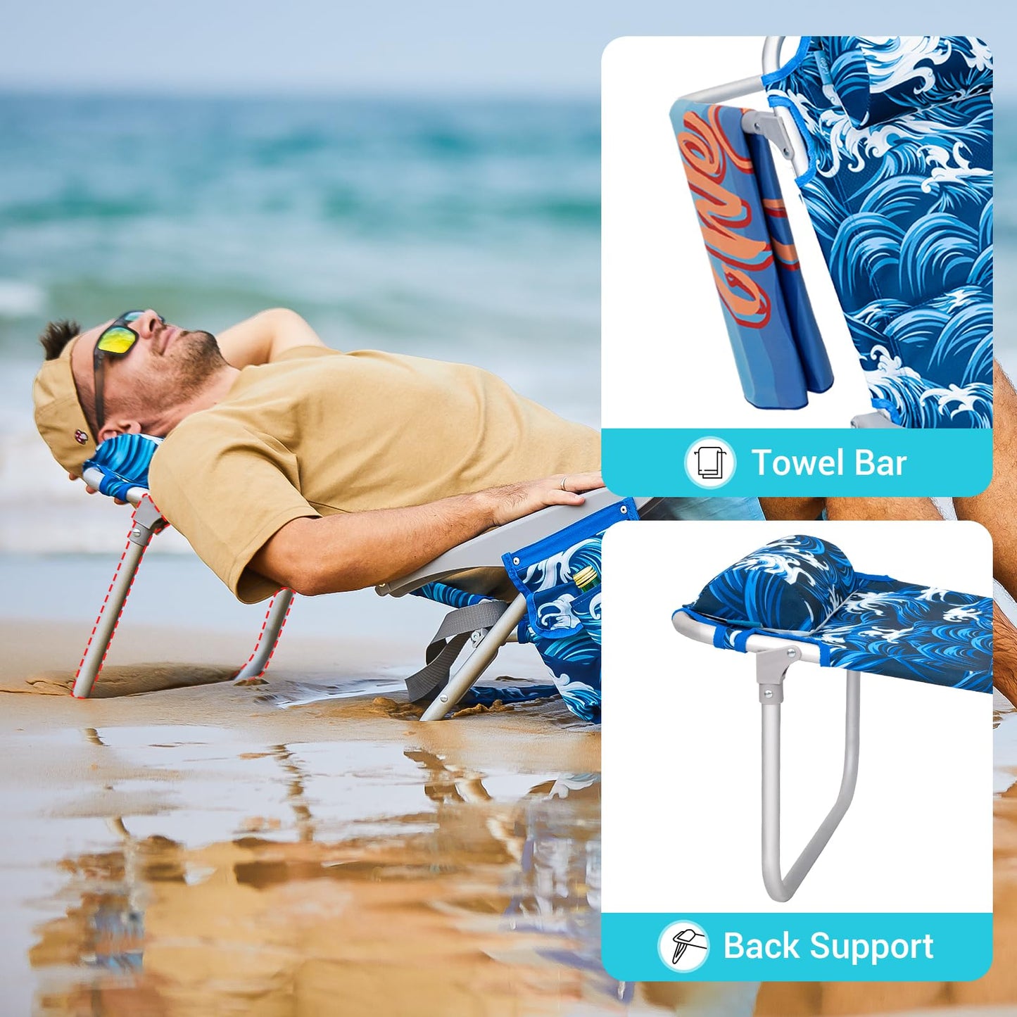 #WEJOY Beach Chair for Adults, Reclining Adjustable Position, Lay Flat Lightweight Folding Portable Aluminum Chair with Backpack Straps,Padded headrest, Heavy Duty 400 lbs Lawn Chair for Beach, Sand