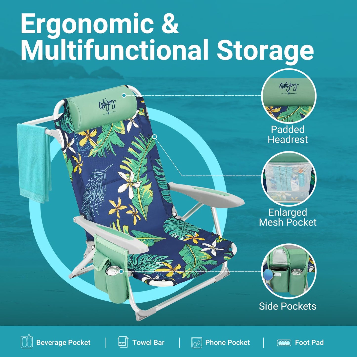 #WEJOY Beach Chair for Adults, Reclining Adjustable Position, Lay Flat Lightweight Folding Portable Aluminum Chair with Backpack Straps,Padded headrest, Heavy Duty 400 lbs Lawn Chair for Beach, Sand