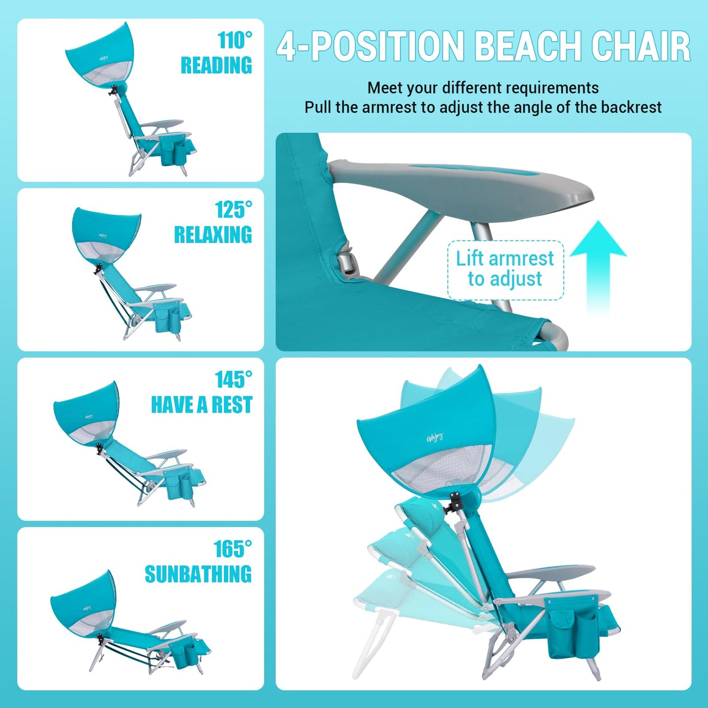 #WEJOY Beach Chair for Adults, Reclining Adjustable Position, Lay Flat Lightweight Folding Portable Aluminum Chair with Backpack Straps,Padded headrest, Heavy Duty 400 lbs Lawn Chair for Beach, Sand